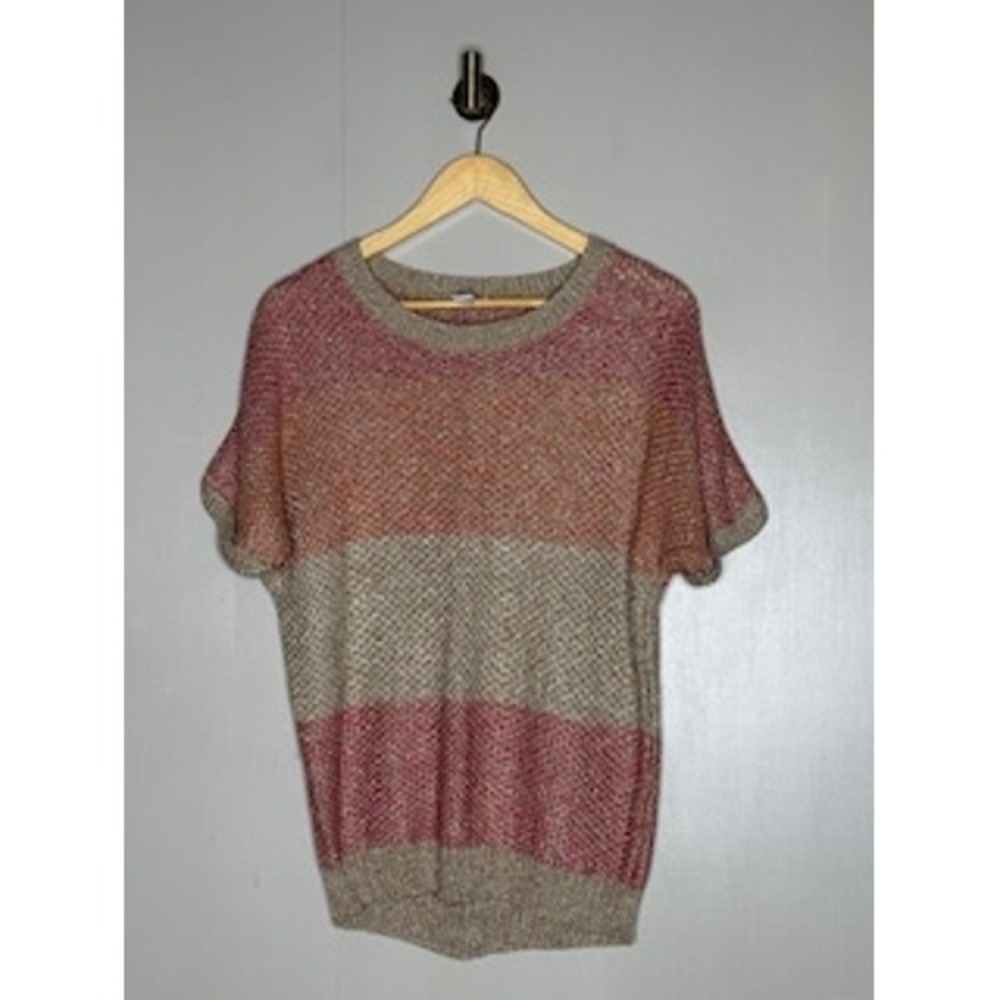 Chicos Metallic Striped Open Knit Sweater Pink Orange Gold Womens Size 1 Medium
